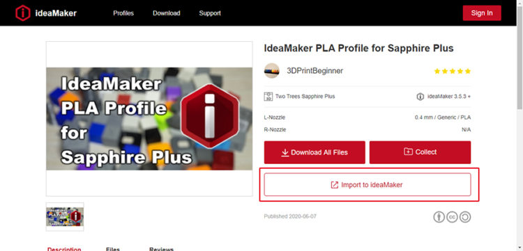 Click "Import to ideaMaker" on the slicing profile detail page