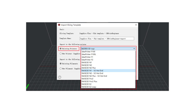 Select whether to import this slicing profile into an existing printer or to a new printer in the “Import to the following printer” portion