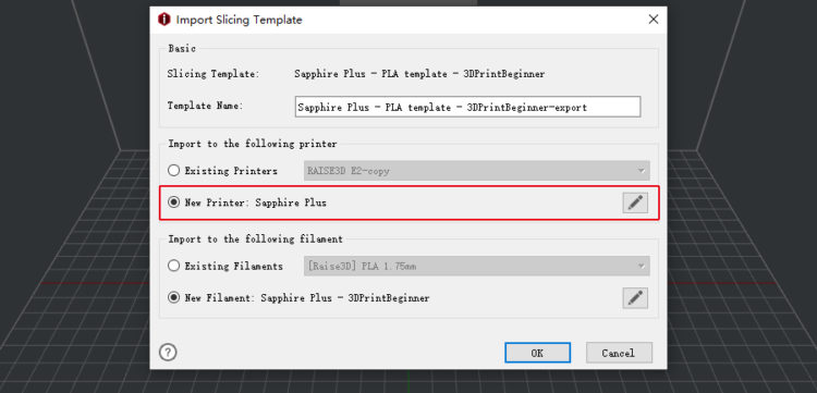 To import this filament profile to a new printer, select the “New Printer” option