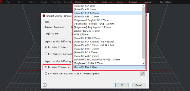 If this slicing profile is a profile of an existing filament, click the drop-down menu