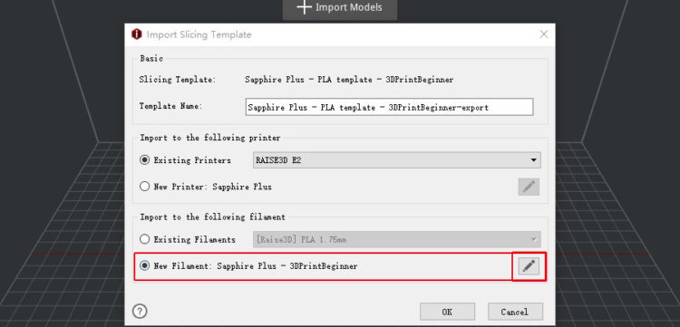 If this slicing profile is a profile of a new filament, click “Edit” to view the default filament settings of the template