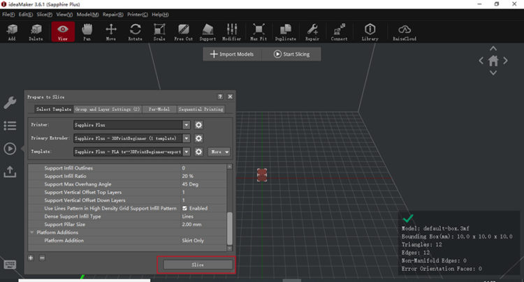 Select the printer type, the printhead, and the template for printing on this window