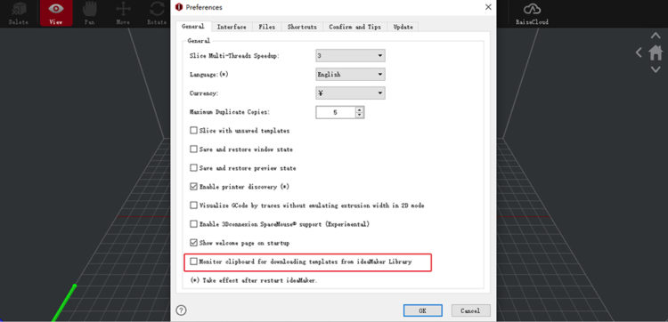 Tick the checkbox of “Monitor clipboard for downloading templates from ideaMaker Library“, then click “OK”
