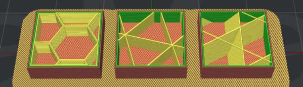 New infill patterns Honeycomb (left) Triangle (middle) Cubic (right)