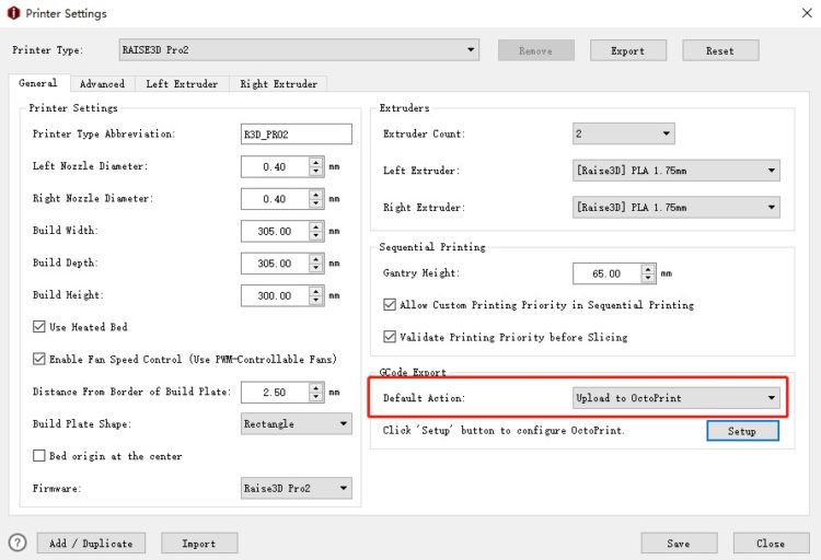 Set “Upload to OctoPrint” as the default action