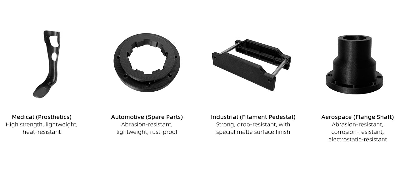 Applications - Medical (Prosthetics), Automotive (Spare Parts), Industrial (Filament Pedestal), Aerospace (Flange Shaft)