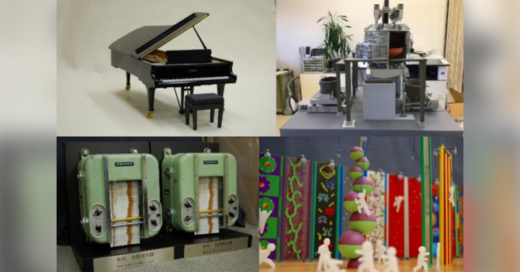 3D printed miniatures from Wakomei (Piano, Factory, Fish Detector, Playground Facility)