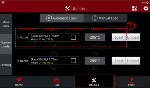 3D Printer Nozzle Settings on Utilities Screen