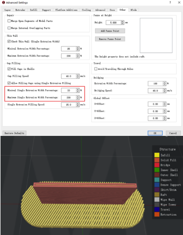 33% Minimal Single Extrusion Width Percentage, 200% Maximum Single Extrusion Width Percentage