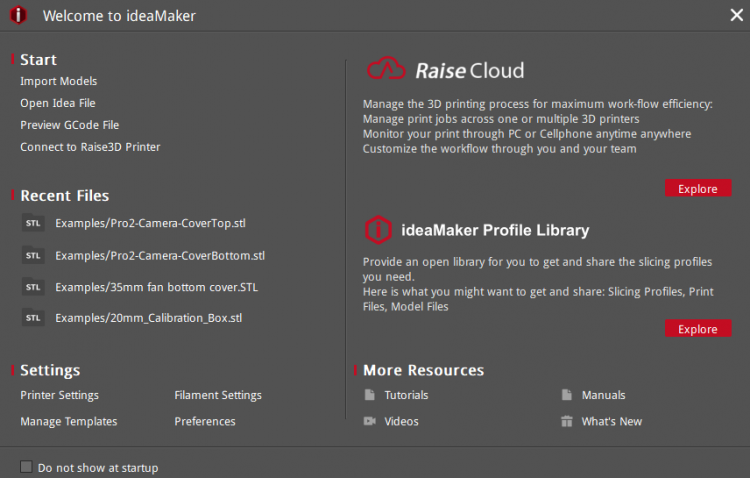 ideaMaker Welcome interface