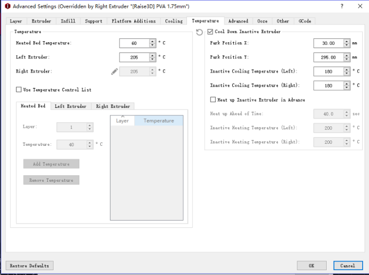 Click the “Temperature” tab and tick the “Cool Down Inactive Extruder”