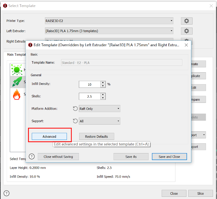 Enter the advanced settings of the slice template