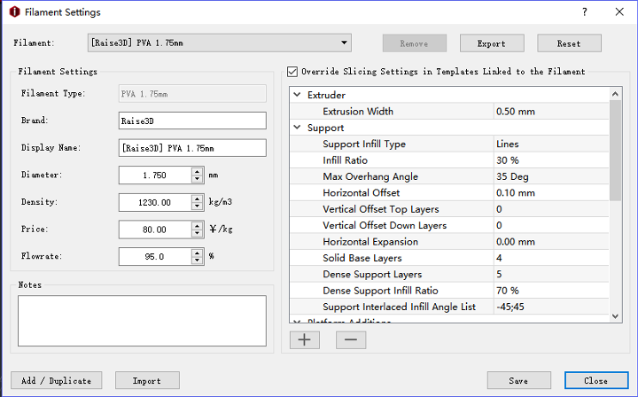 It checks the Raise3D PVA Filament Settings