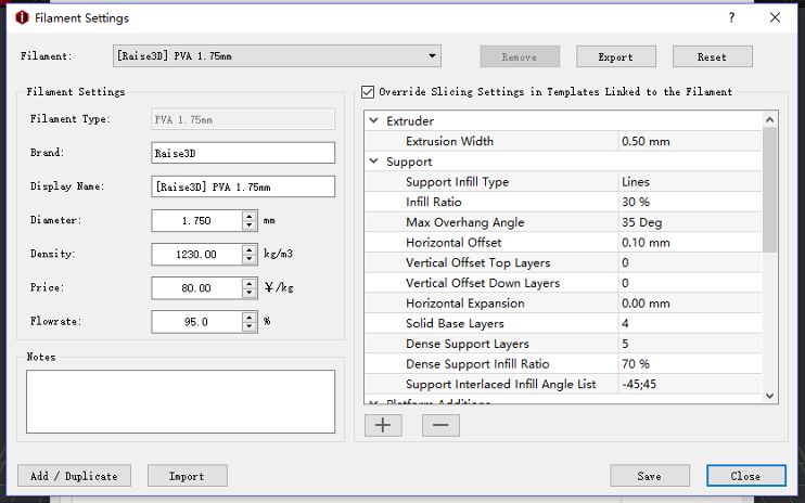 Override Slicing Settings in Templates Linked to the Filament is a default setting for Raise3D PVA