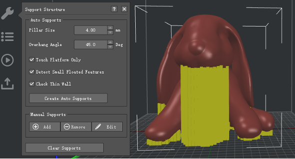 You can set the "Pillar Size" and "Overhang Angle" first. And try "Create Auto Supports". Then adjust the support with "Manual Supports".